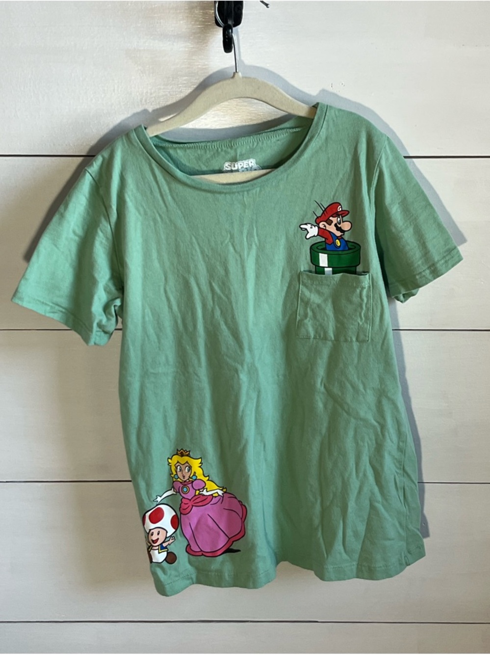 Nintendo Mint Green Kids Tee with Mario Pocket and Princess Graphics